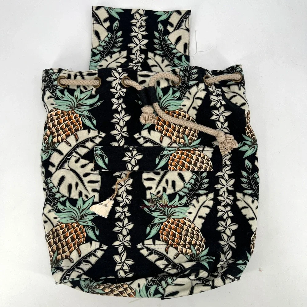 Tommy Bahama‎ Drawstring Backpack Pineapple Hawaii Hawaiian Tropical Black